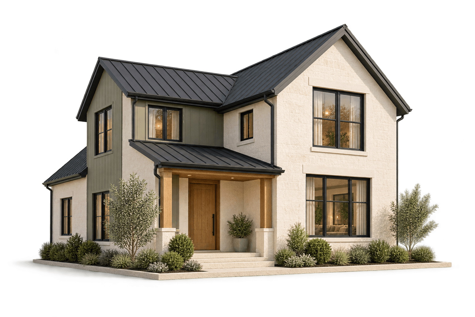 Assembled two-story home with limestone walls, sage siding and timber details